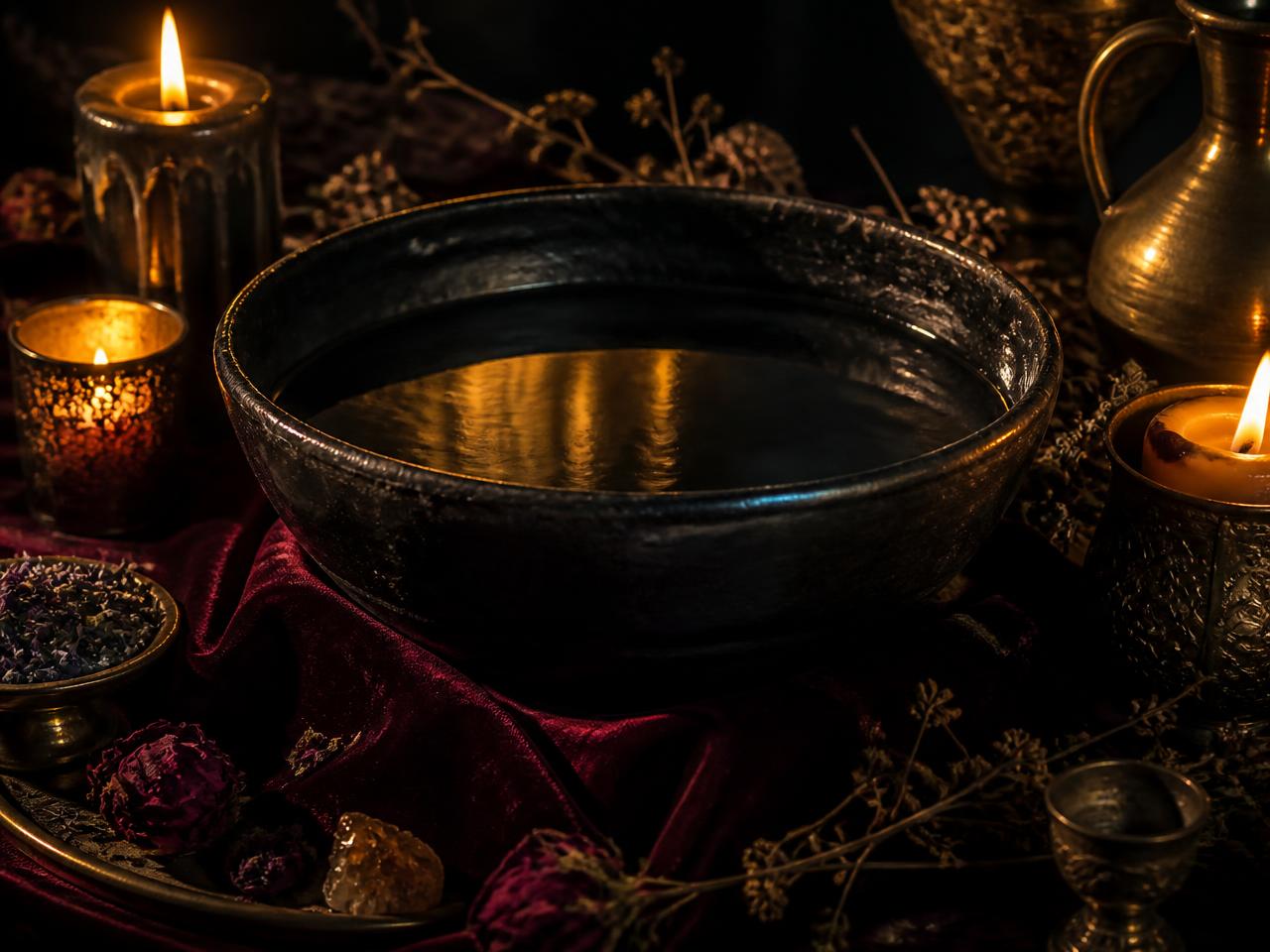 Tigela ritualística com água refletindo a luz de velas